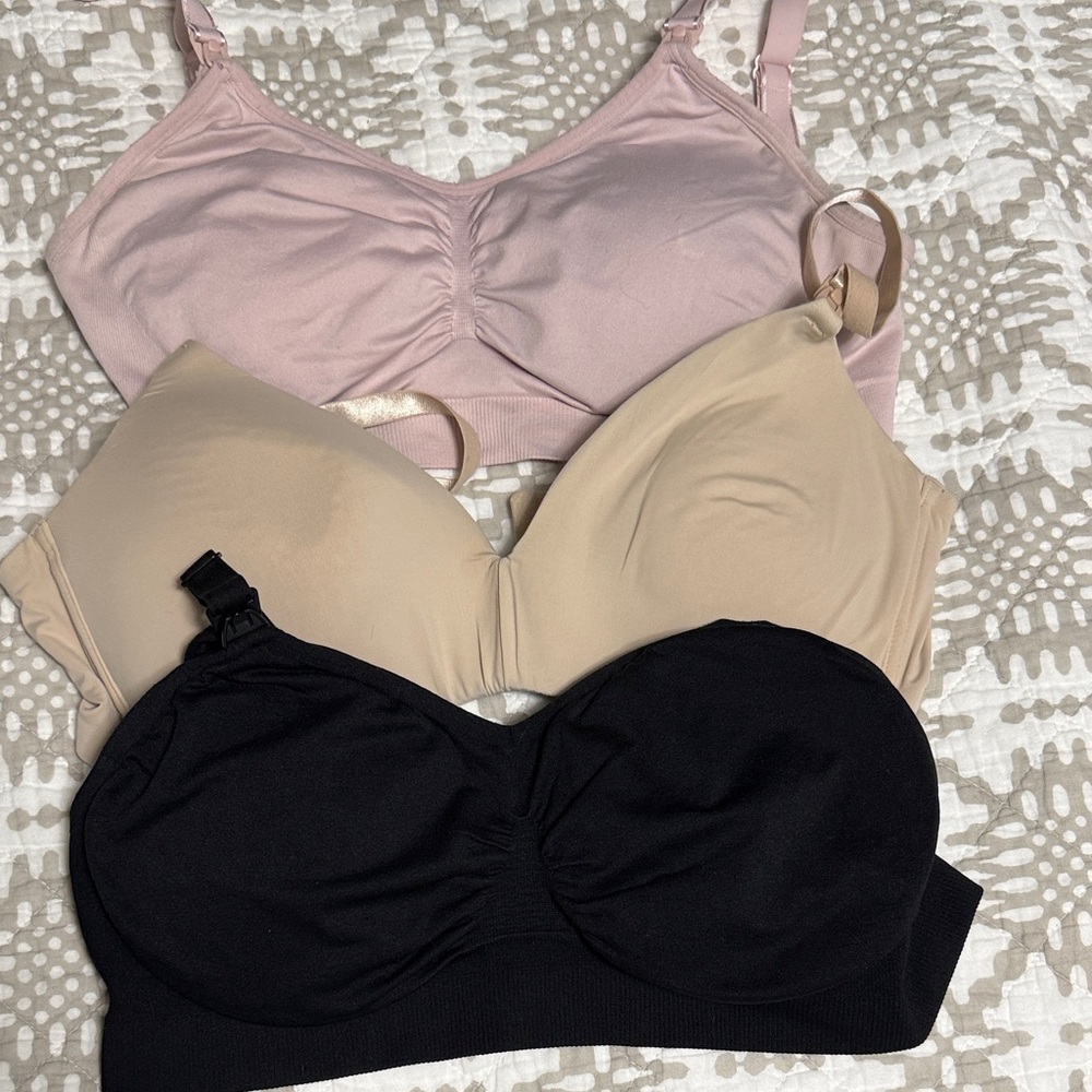 Motherhood Maternity Nursing Bralette Trio in Pink, Beige & Black